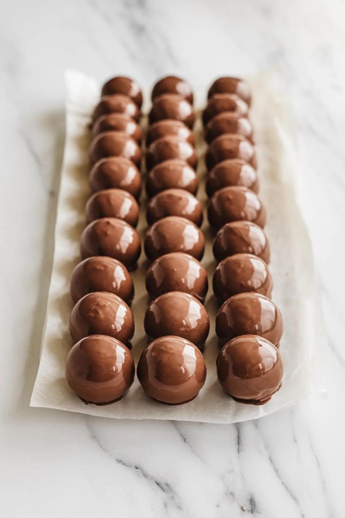 Neatly aligned rows of glossy milk chocolate truffles set on parchment paper over a marble surface.