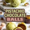 Collage featuring green pistachio chocolate balls topped with edible gold flakes and chopped pistachios, and a close-up cross-section showing a smooth chocolate ganache center on a white marble tray.
