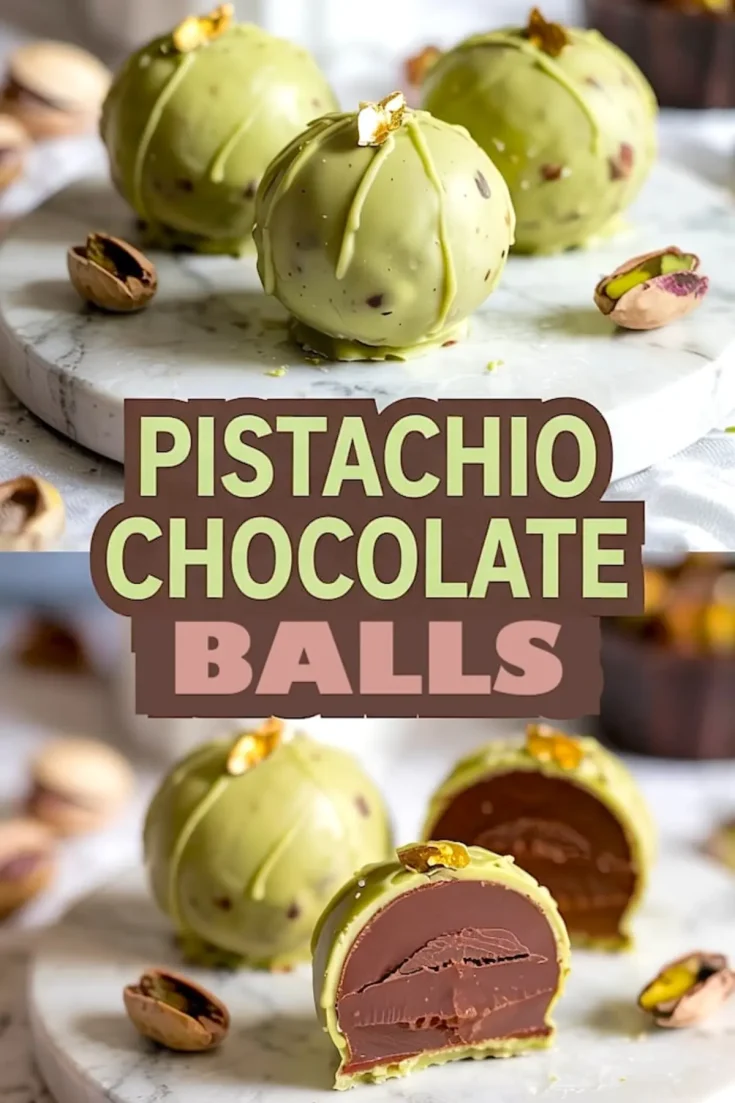Collage featuring green pistachio chocolate balls topped with edible gold flakes and chopped pistachios, and a close-up cross-section showing a smooth chocolate ganache center on a white marble tray.