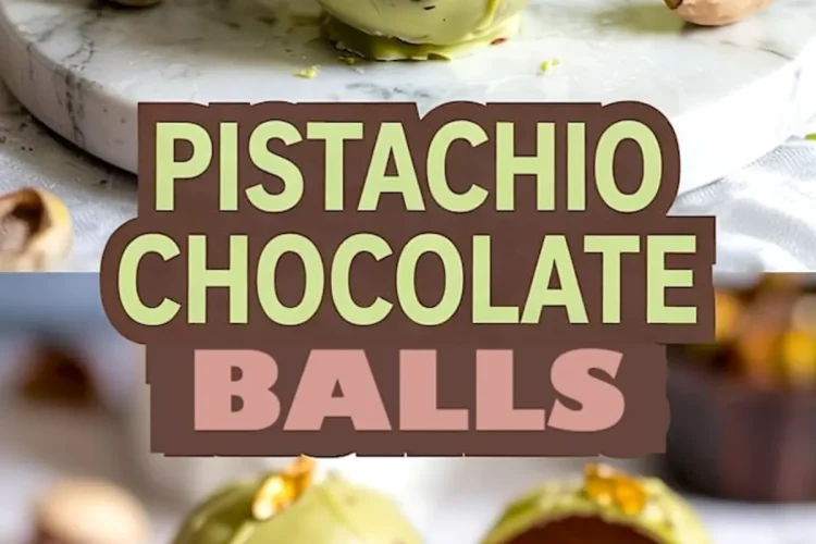 Collage featuring green pistachio chocolate balls topped with edible gold flakes and chopped pistachios, and a close-up cross-section showing a smooth chocolate ganache center on a white marble tray.