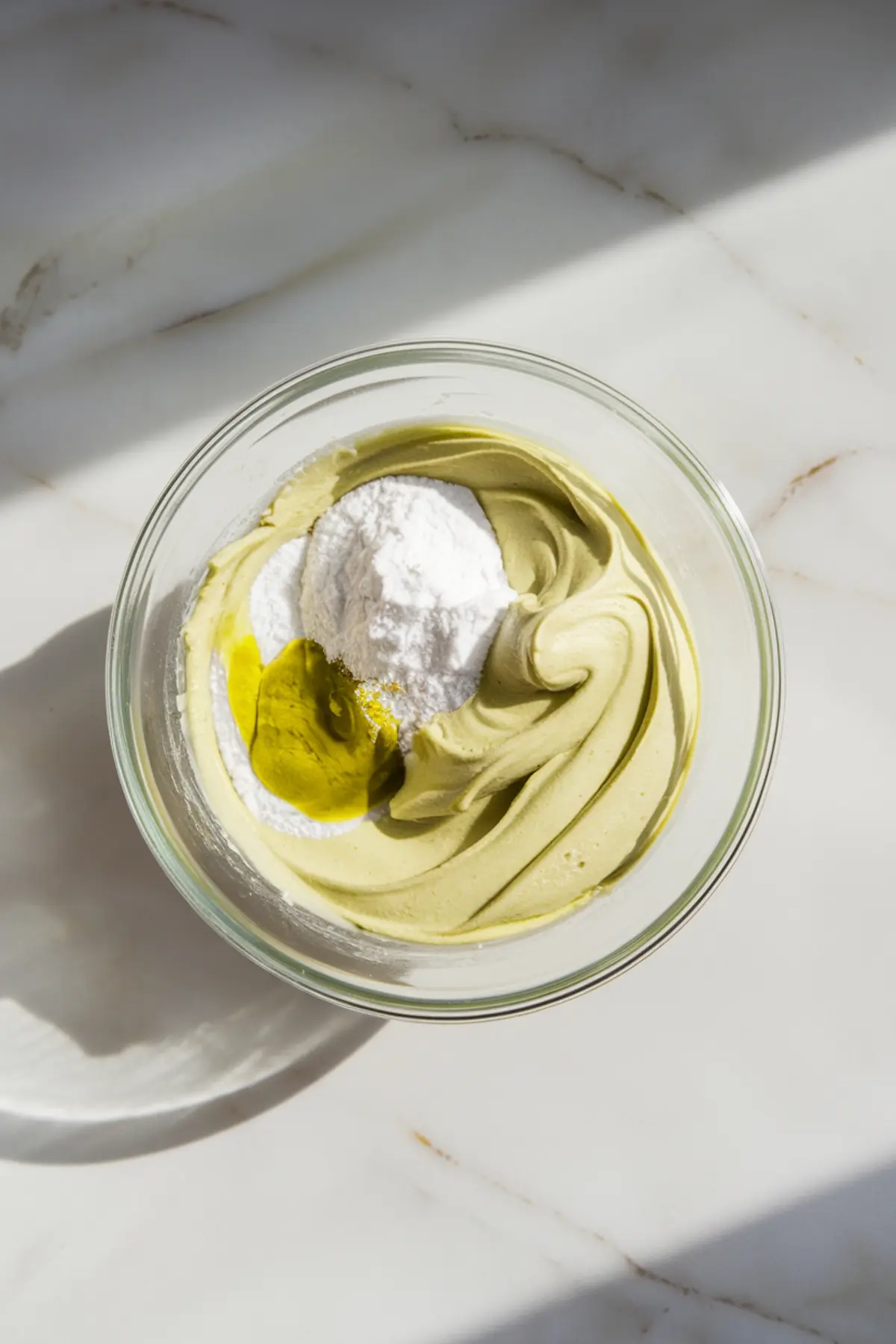 Bowl of creamy pistachio filling topped with powdered sugar and pistachio oil, ready to be mixed, on a sunlit white counter.