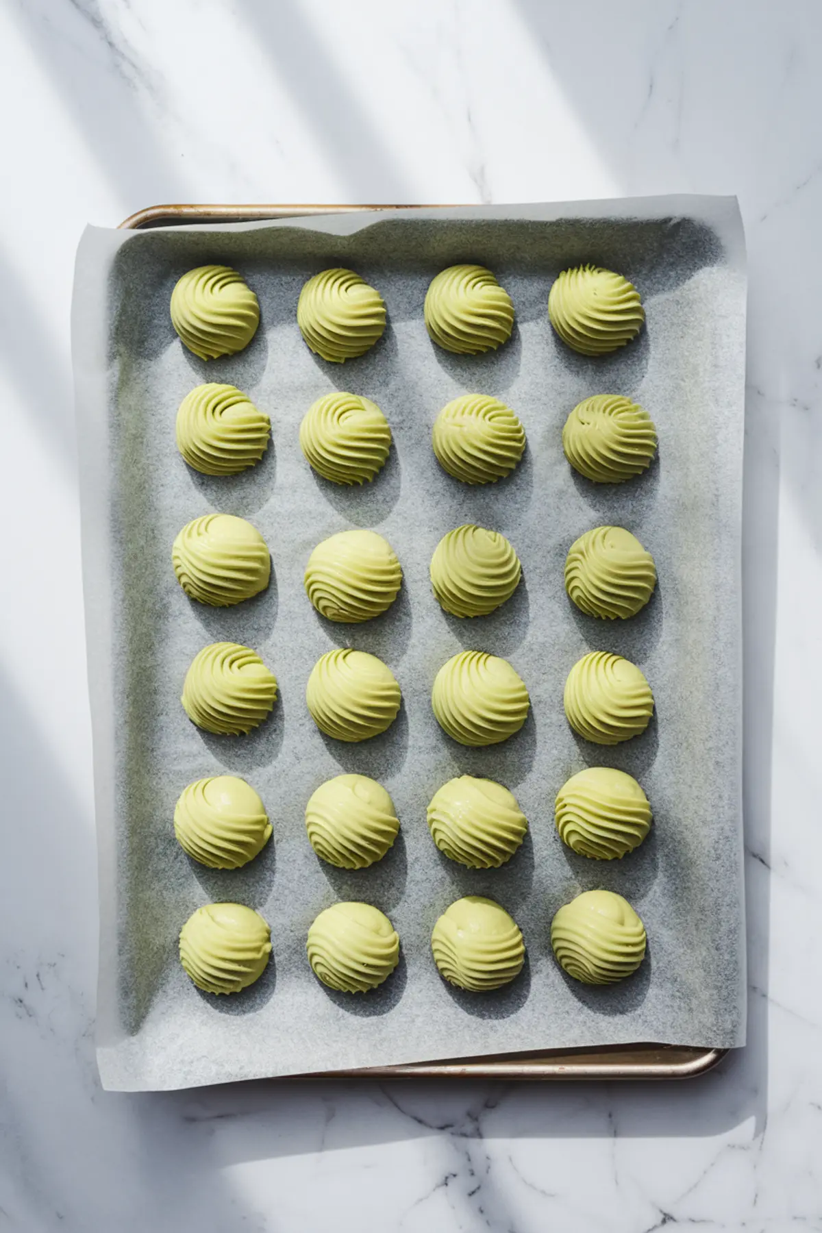 Parchment-lined baking tray holding rows of piped pistachio cream mounds with textured swirl patterns, ready for freezing or baking.