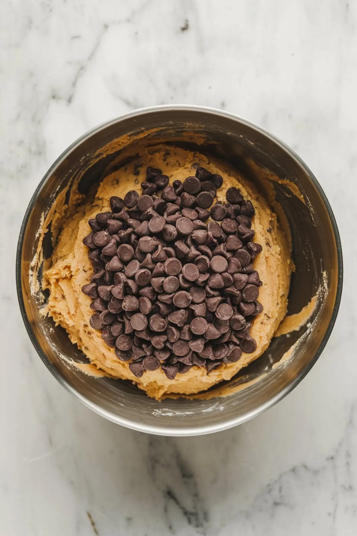 Metal mixing bowl filled with cookie dough topped with a generous pile of semi-sweet chocolate chips, set on a marble background.