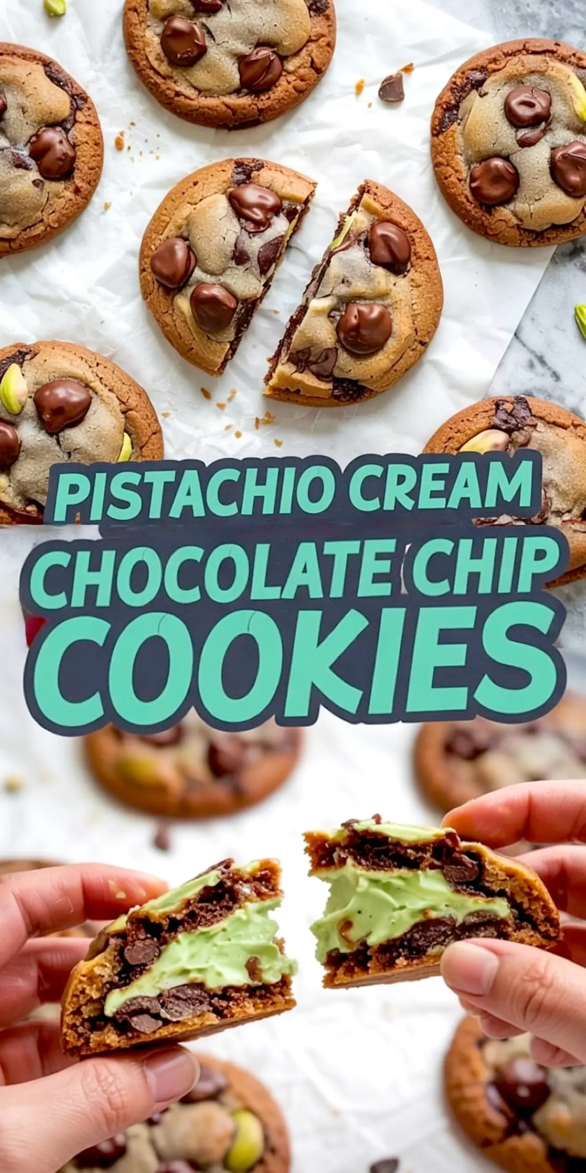 Collage featuring top view of baked pistachio chocolate chip cookies and a close-up of a cookie being split to reveal creamy pistachio filling and chocolate chunks.