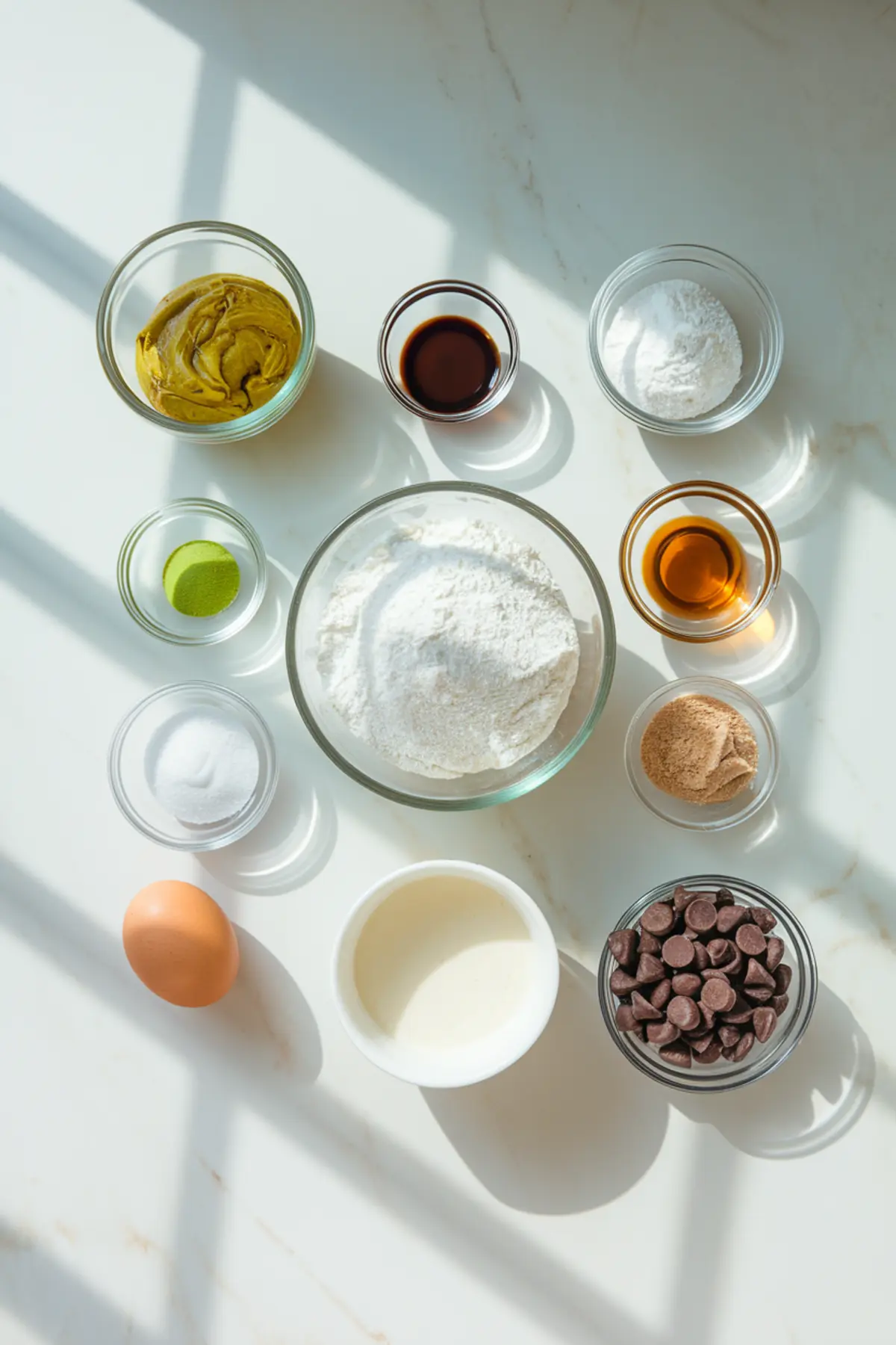 Flat lay of baking ingredients for pistachio cream chocolate chip cookies, including flour, pistachio butter, chocolate chips, vanilla extract, and an egg on a white marble surface.