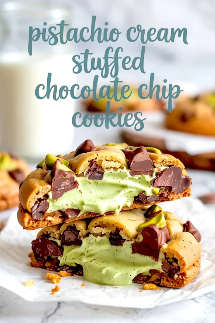 Close-up of gooey pistachio cream-stuffed chocolate chip cookies, broken in half to reveal vibrant green pistachio filling and rich melted chocolate chunks.