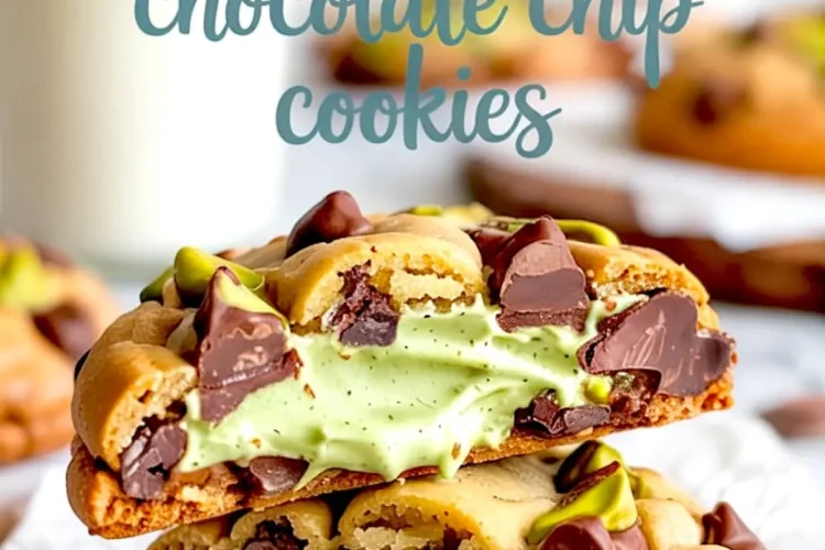 Close-up of gooey pistachio cream-stuffed chocolate chip cookies, broken in half to reveal vibrant green pistachio filling and rich melted chocolate chunks.