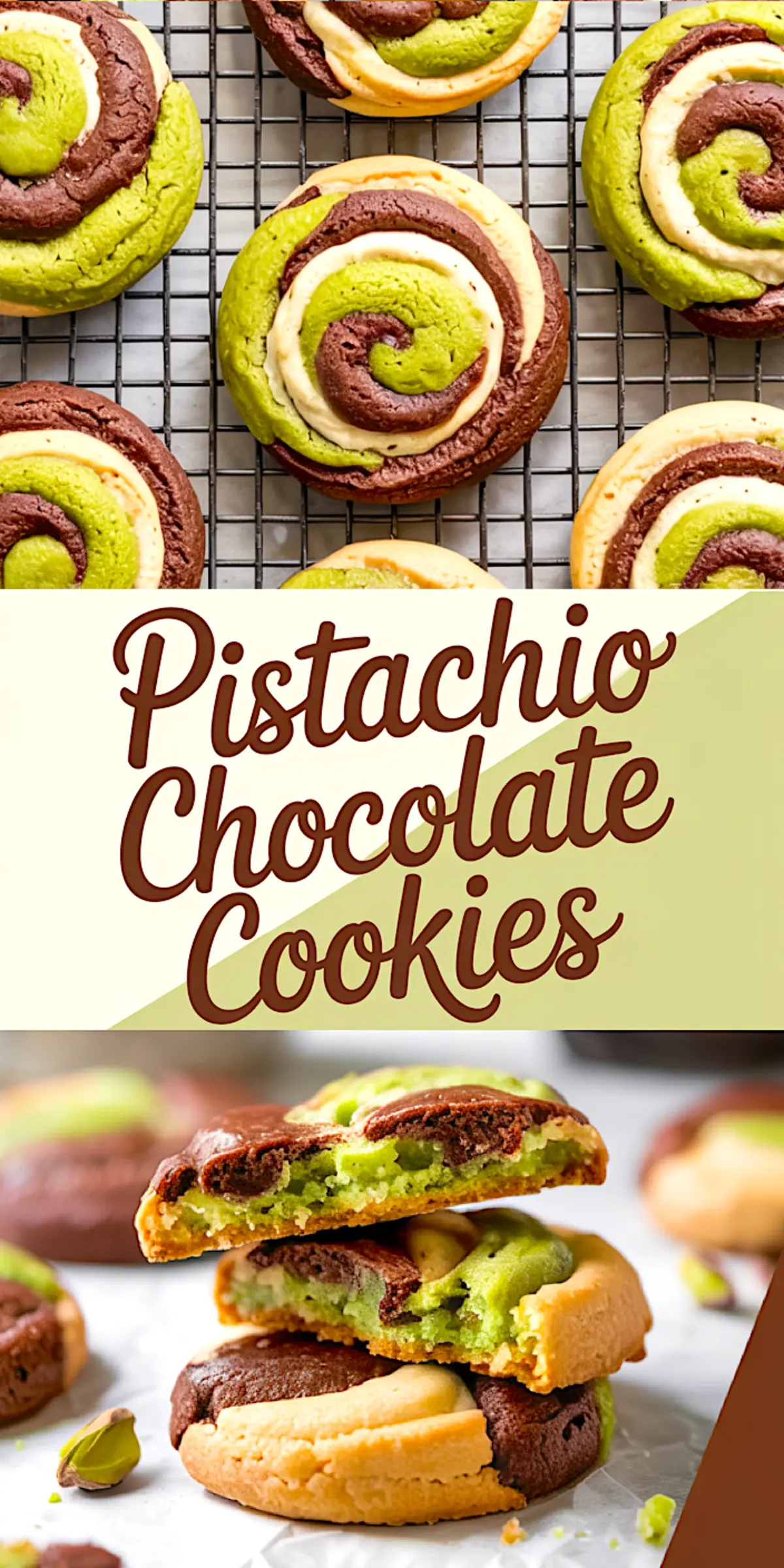 Collage image featuring a tray of colorful pistachio chocolate swirl cookies and a close-up of stacked cookies with a gooey green interior, with text overlay “Pistachio Chocolate Cookies.”