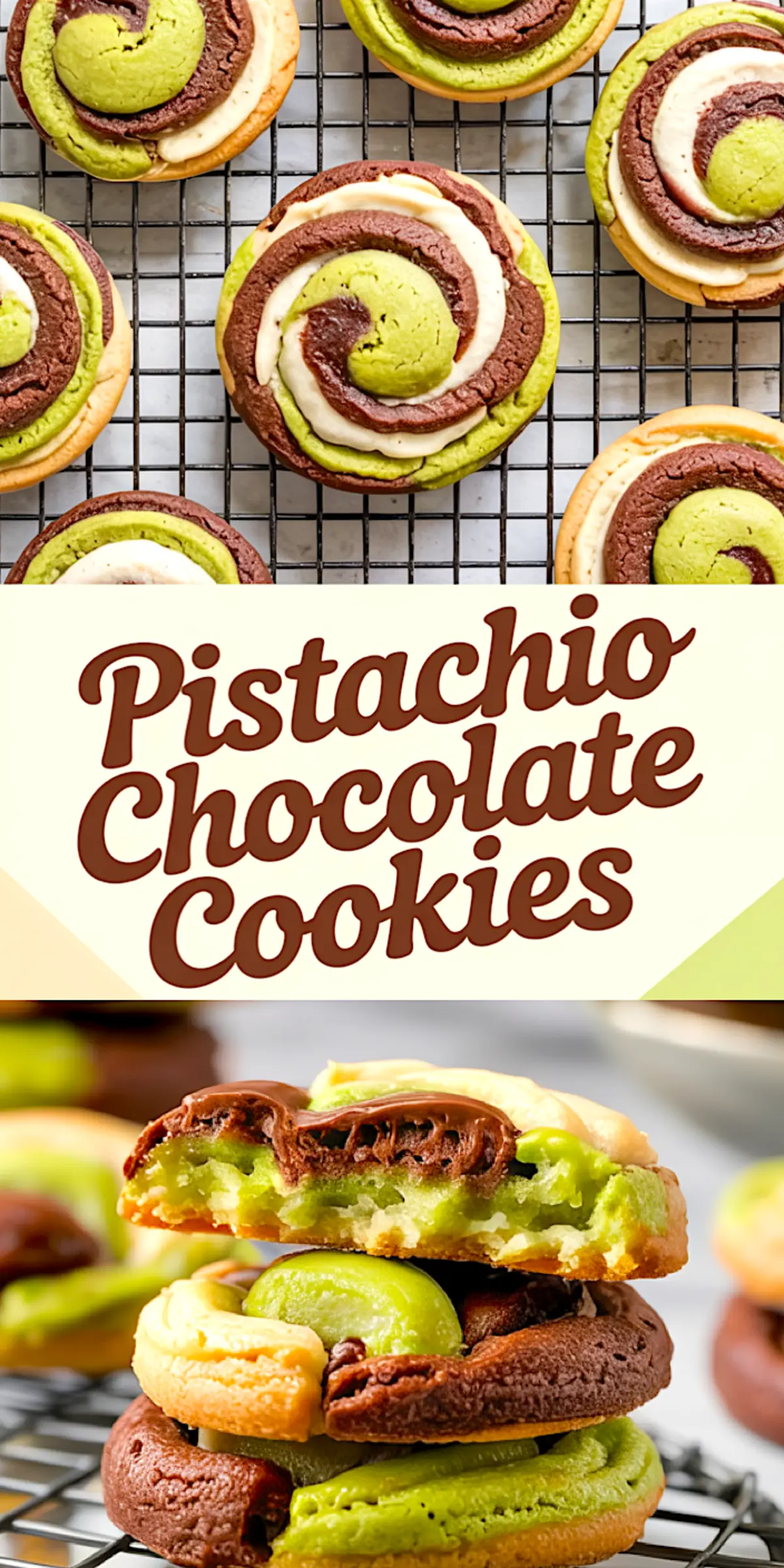 Vertical collage of pistachio chocolate swirl cookies on a cooling rack and a close-up of stacked cookies broken in half to reveal a moist green pistachio interior, paired with text “Pistachio Chocolate Cookies.”