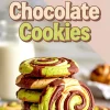 Portrait layout showing a stack of vibrant pistachio chocolate cookies with green, vanilla, and cocoa swirls next to a glass of milk, paired with bold title text “Pistachio Chocolate Cookies.”