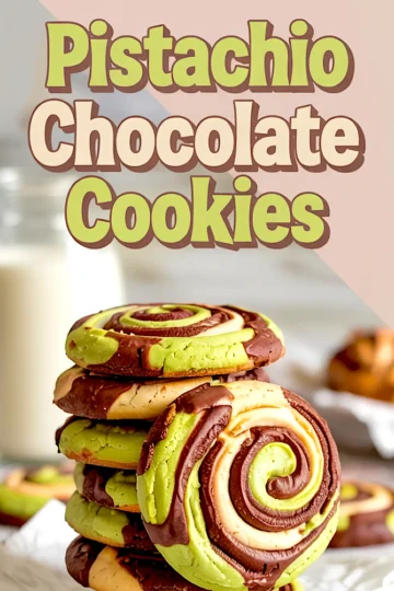 Portrait layout showing a stack of vibrant pistachio chocolate cookies with green, vanilla, and cocoa swirls next to a glass of milk, paired with bold title text “Pistachio Chocolate Cookies.”