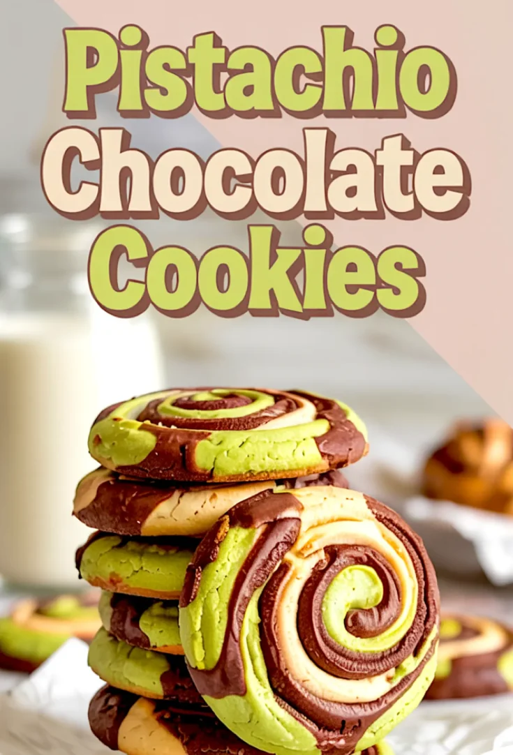 Portrait layout showing a stack of vibrant pistachio chocolate cookies with green, vanilla, and cocoa swirls next to a glass of milk, paired with bold title text “Pistachio Chocolate Cookies.”