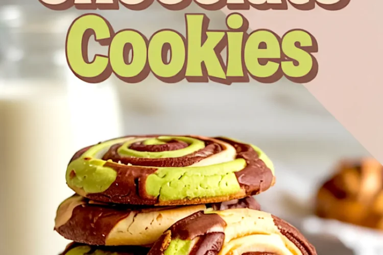 Portrait layout showing a stack of vibrant pistachio chocolate cookies with green, vanilla, and cocoa swirls next to a glass of milk, paired with bold title text “Pistachio Chocolate Cookies.”