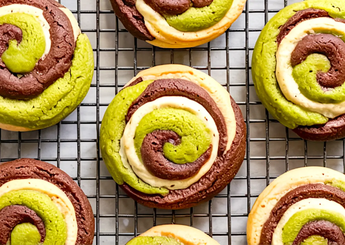 Close-up shot of multiple pistachio chocolate swirl cookies on a cooling rack, highlighting their vibrant green, chocolate brown, and vanilla spiral pattern.