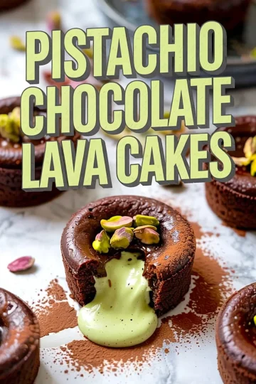Rich chocolate lava cake filled with creamy pistachio center, topped with whole pistachios and dusted with cocoa powder, styled on a marble background.