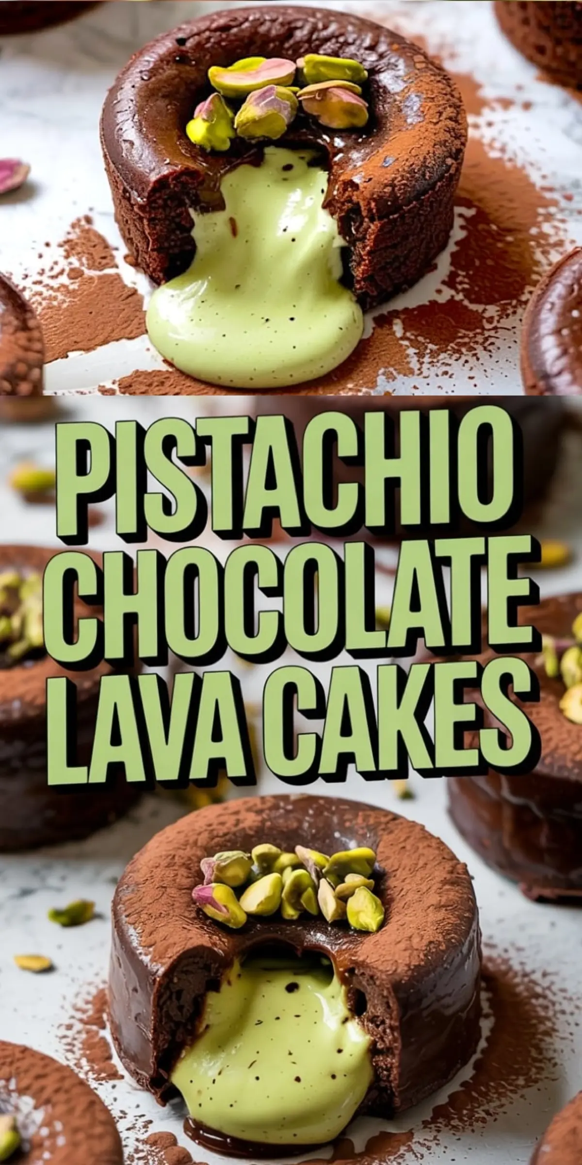 Two views of molten pistachio chocolate lava cakes oozing with green pistachio filling, garnished with pistachios and cocoa dust, with bold title text in the center.