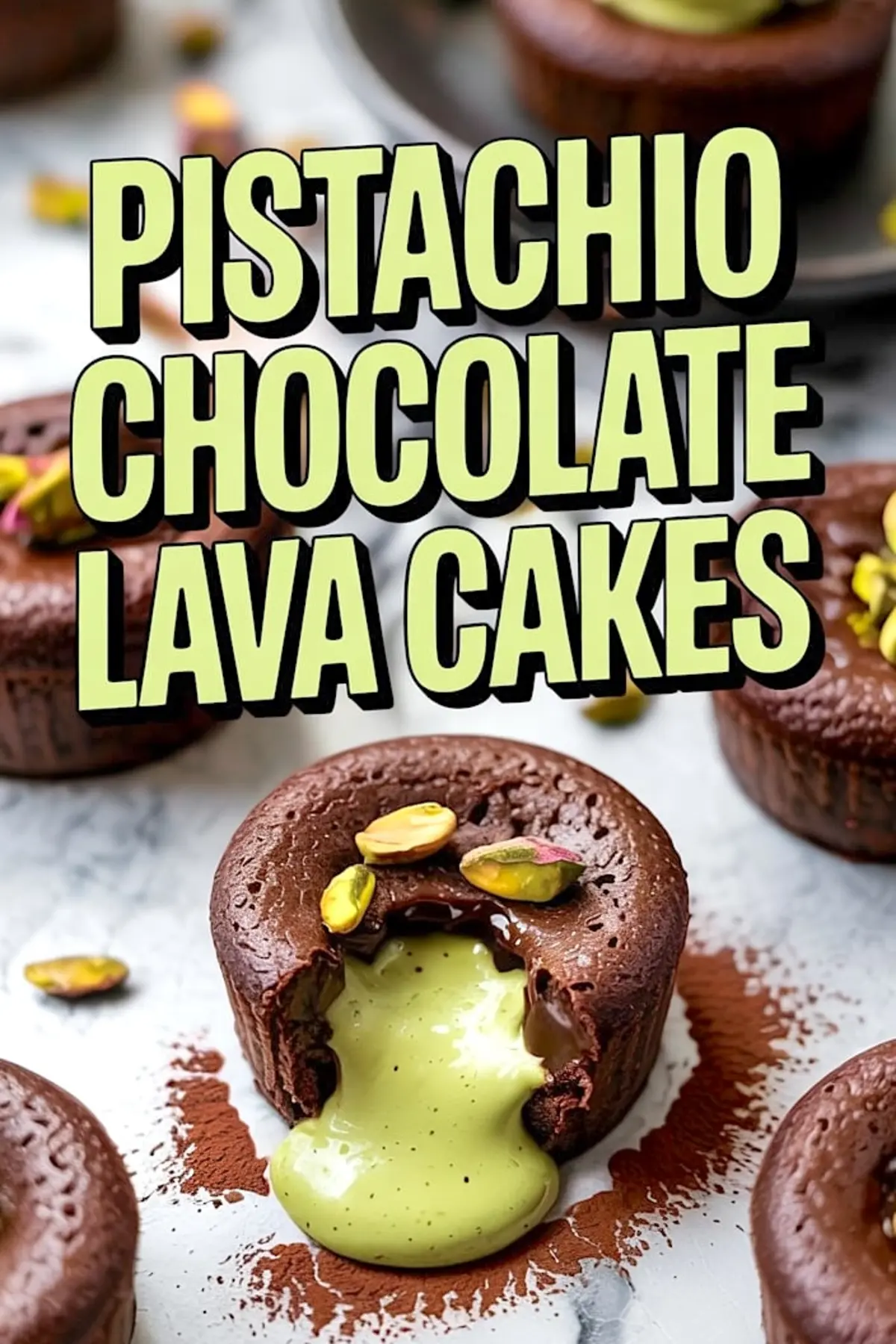Close-up of pistachio chocolate lava cake with vibrant green filling flowing from the center, topped with pistachios and surrounded by cocoa powder on a marble surface.