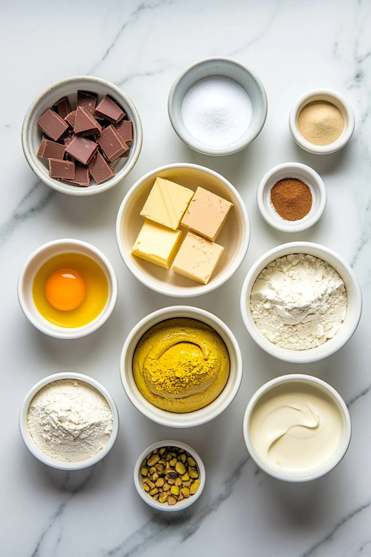Flat lay of baking ingredients in small bowls, including chopped chocolate, sugar, butter, egg, pistachio paste, flour, yogurt, and ground spices arranged on a marble countertop.