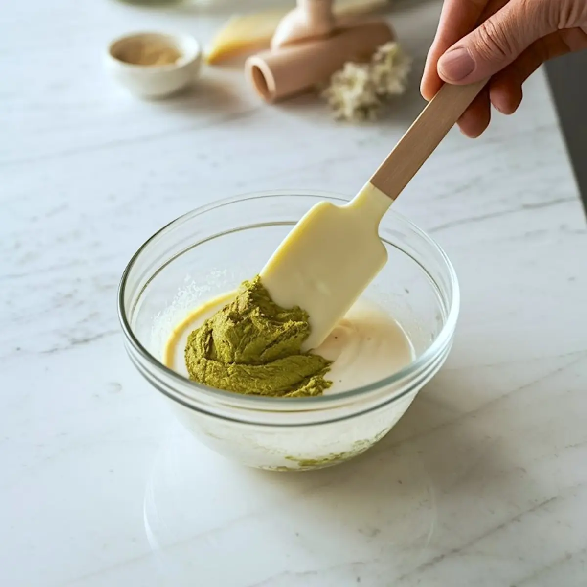 Hand folding green pistachio paste into white cream in a glass bowl using a spatula, set on a light marble kitchen counter.