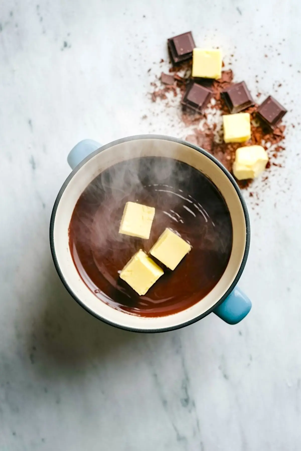Overhead view of hot chocolate mixture in a blue saucepan with cubes of melting butter, surrounded by chopped chocolate and cocoa on a marble surface.