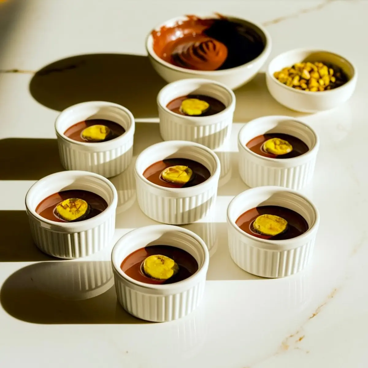  Eight white ramekins filled with chocolate batter, each centered with a pistachio filling core, with bowls of melted chocolate and chopped pistachios in the background.