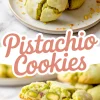 Stack of freshly baked pistachio cookies with a cracked surface on a white plate. In the foreground, split cookies reveal whole pistachios inside. Text overlay reads “Pistachio Cookies.” A visually appealing example of pistachio recipes desserts and nut cookies.