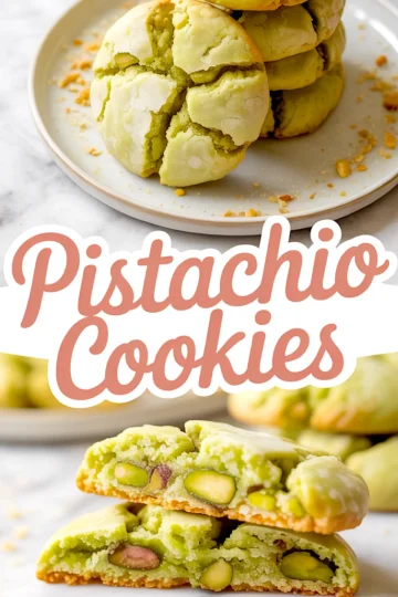 Stack of freshly baked pistachio cookies with a cracked surface on a white plate. In the foreground, split cookies reveal whole pistachios inside. Text overlay reads “Pistachio Cookies.” A visually appealing example of pistachio recipes desserts and nut cookies.