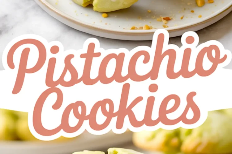 Stack of freshly baked pistachio cookies with a cracked surface on a white plate. In the foreground, split cookies reveal whole pistachios inside. Text overlay reads “Pistachio Cookies.” A visually appealing example of pistachio recipes desserts and nut cookies.