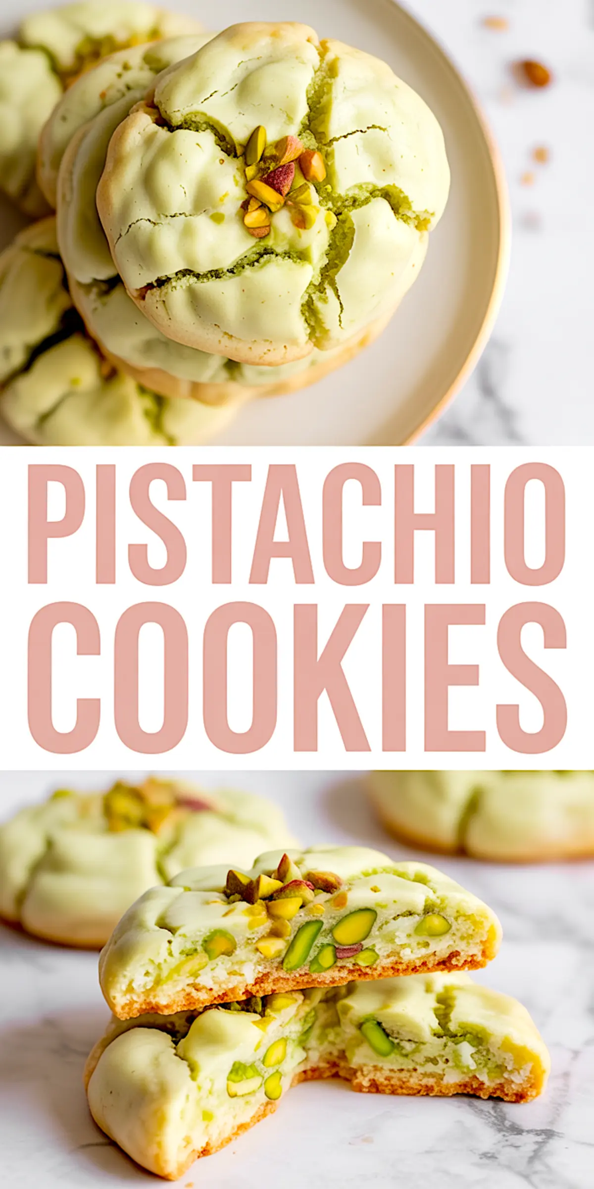 Collage showing a stack of Italian pistachio cookies with chopped pistachios on top and halved cookies displaying vibrant green interiors. Text overlay reads “PISTACHIO COOKIES.” A delicious variation of pistachio ricotta cookies and pistachio cream cookies ideal for pistachio recipes desserts.