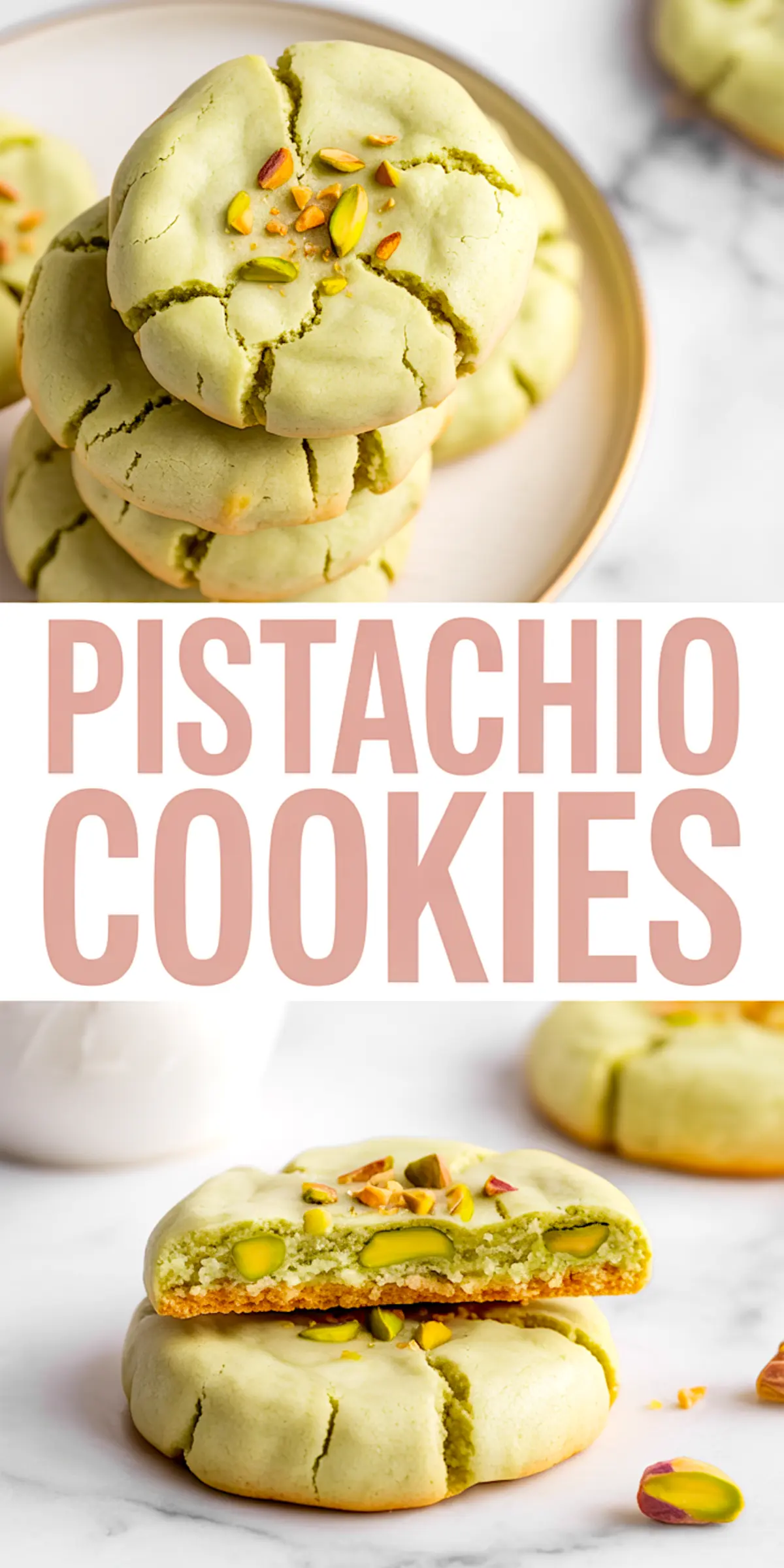 Collage image featuring stacked pistachio cookies on a plate and close-up of split cookies showing whole pistachios inside. The cookies have a soft, chewy texture with golden edges. Text overlay reads “Pistachio Cookies.” Perfect representation of pistachio cookies recipe and unique cookie recipes using pistachio shells.