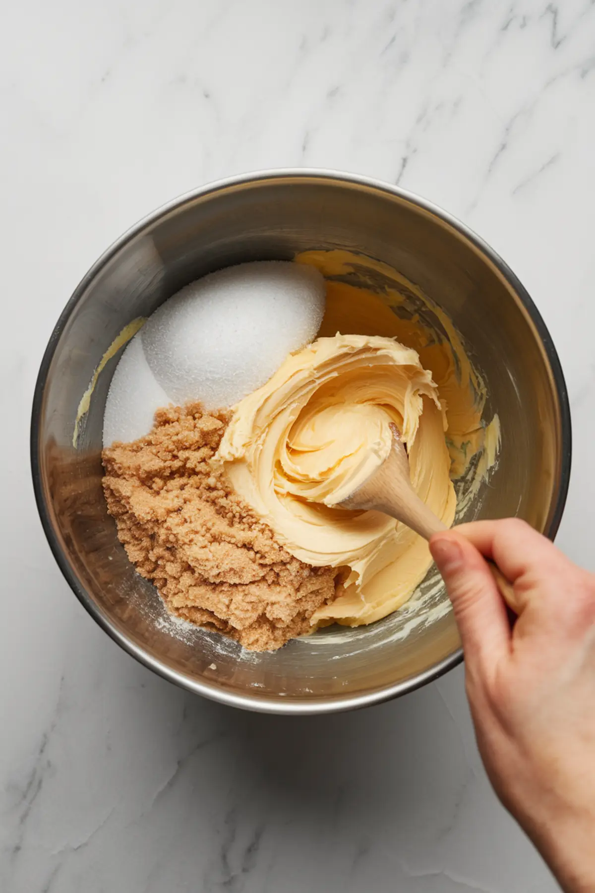 Hand stirring a mixture of butter, granulated sugar, and brown sugar in a metal mixing bowl with a wooden spoon. This step creates the creamy base for unique cookie recipes like pistachio cream cookies and nut cookies.