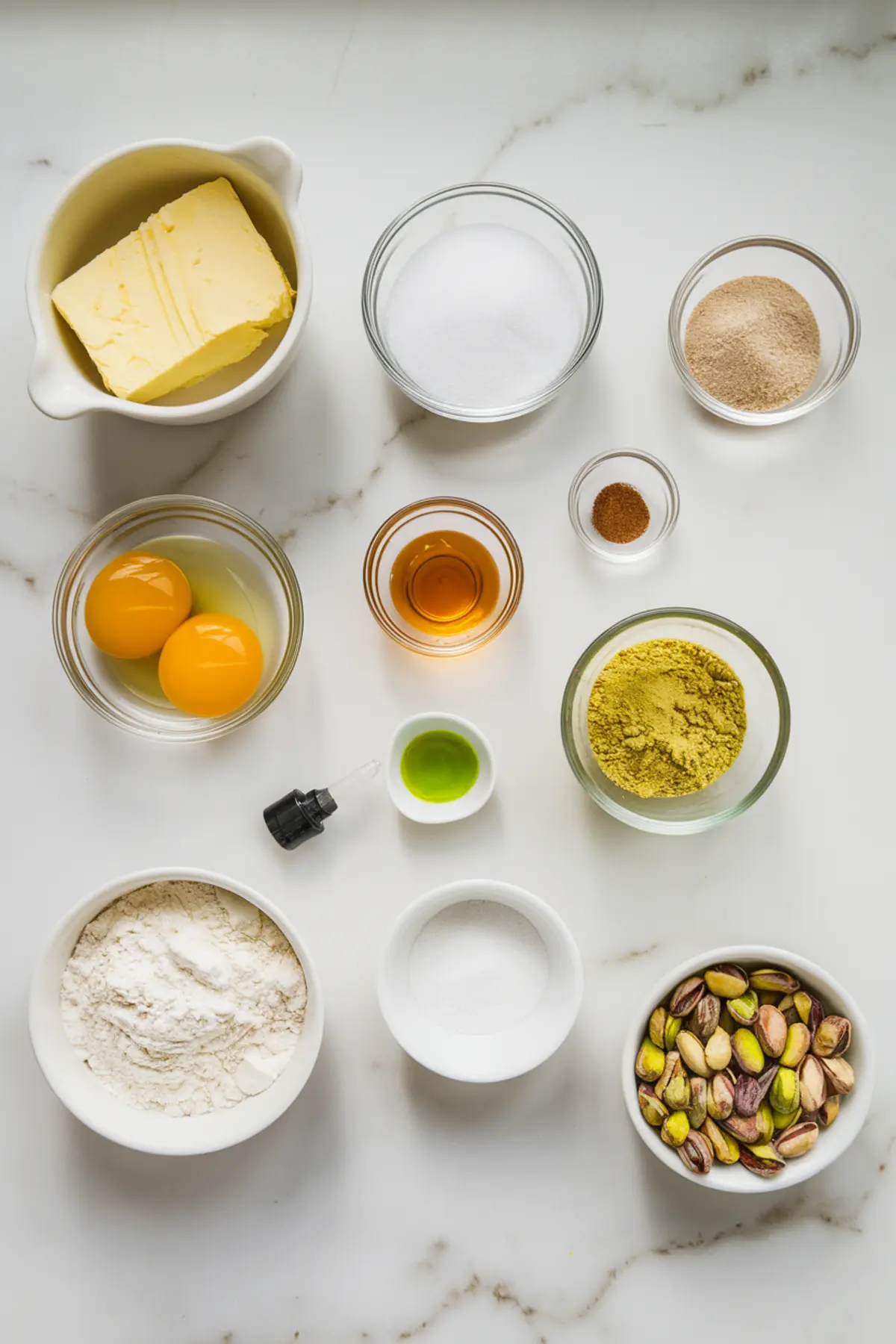 Overhead shot of baking ingredients for pistachio ricotta cookies on a marble surface. Ingredients include butter, granulated sugar, brown sugar, egg yolks, pistachio flour, pistachio extract, all-purpose flour, baking powder, baking soda, nutmeg, vanilla extract, salt, and shelled pistachios. Essential components for Italian pistachio cookies recipe and pistachio cookies recipe.