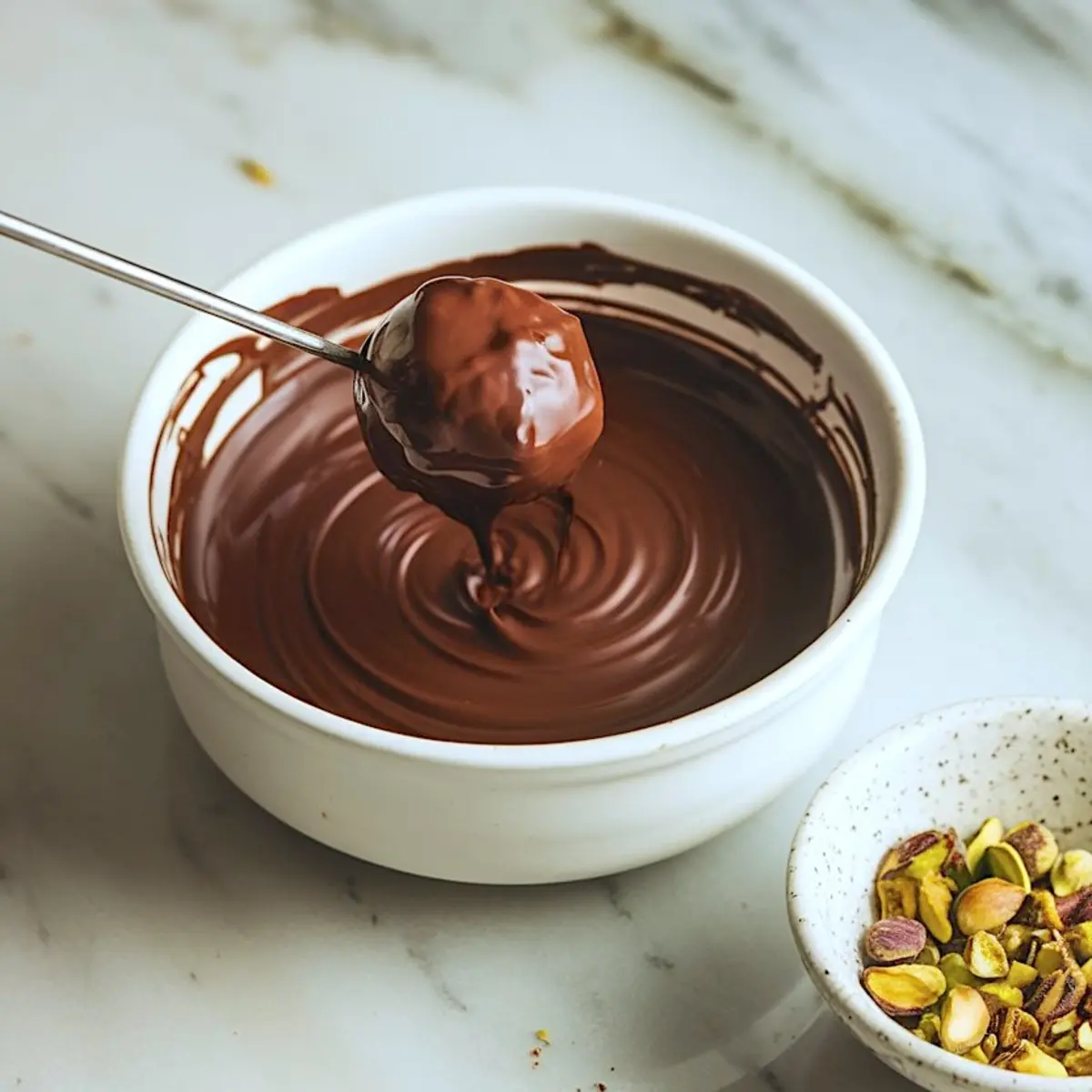 Truffle being dipped into glossy melted dark chocolate using a dipping fork, with a bowl of shelled pistachios beside the white bowl of chocolate.