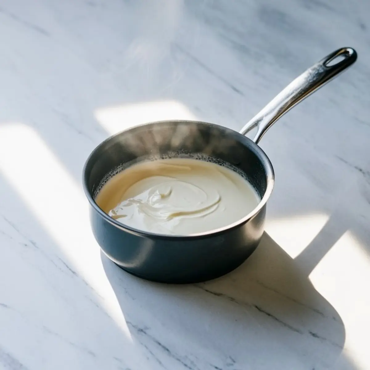 Small saucepan with warm cream heating on a marble countertop, releasing steam as it simmers for making ganache.