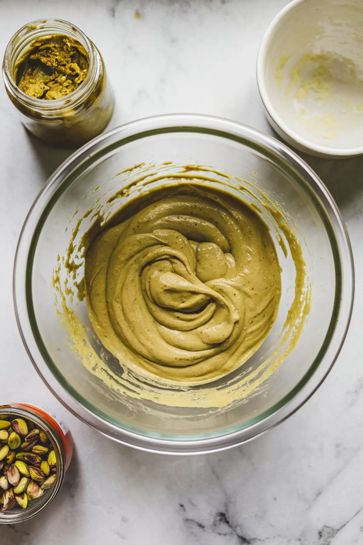 Glass mixing bowl filled with smooth pistachio truffle filling, surrounded by jars of pistachio paste and shelled pistachios on a marble countertop.