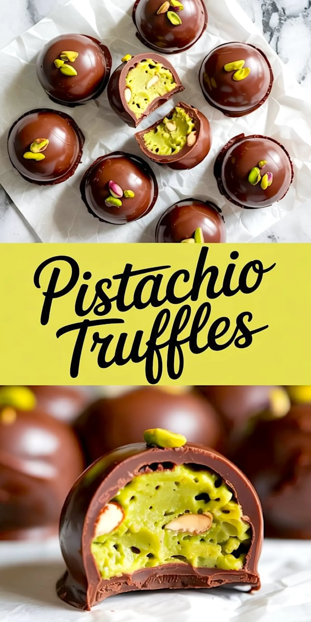 Collage showing glossy chocolate-coated pistachio truffles on parchment paper, some cut open to reveal vibrant green pistachio filling with whole almonds, decorated with shelled pistachios and text reading “Pistachio Truffles.”