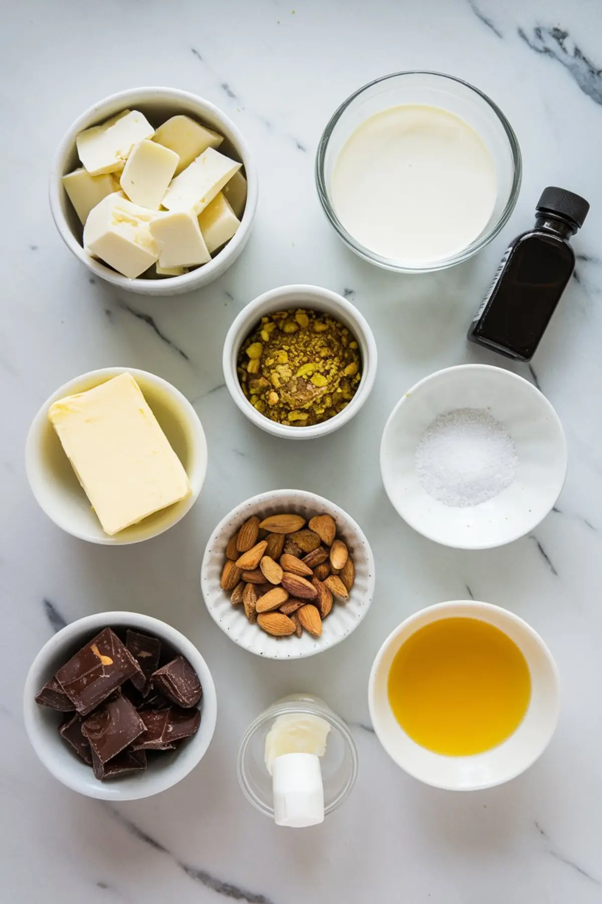 Flat lay of ingredients for pistachio ganache truffles, including white chocolate, heavy cream, pistachio paste, butter, almonds, salt, dark chocolate, vanilla extract, and oil in small bowls on a marble surface.