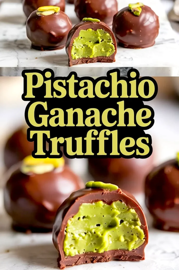 Collage displaying chocolate-coated pistachio ganache truffles with bright green creamy filling and almond centers, topped with chopped pistachios, alongside bold text “Pistachio Ganache Truffles.”