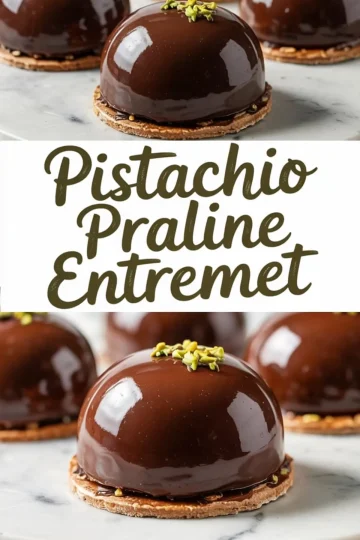 Glossy chocolate dome-shaped pistachio praline entremets topped with chopped pistachios, displayed on a marble surface with a crisp base layer.