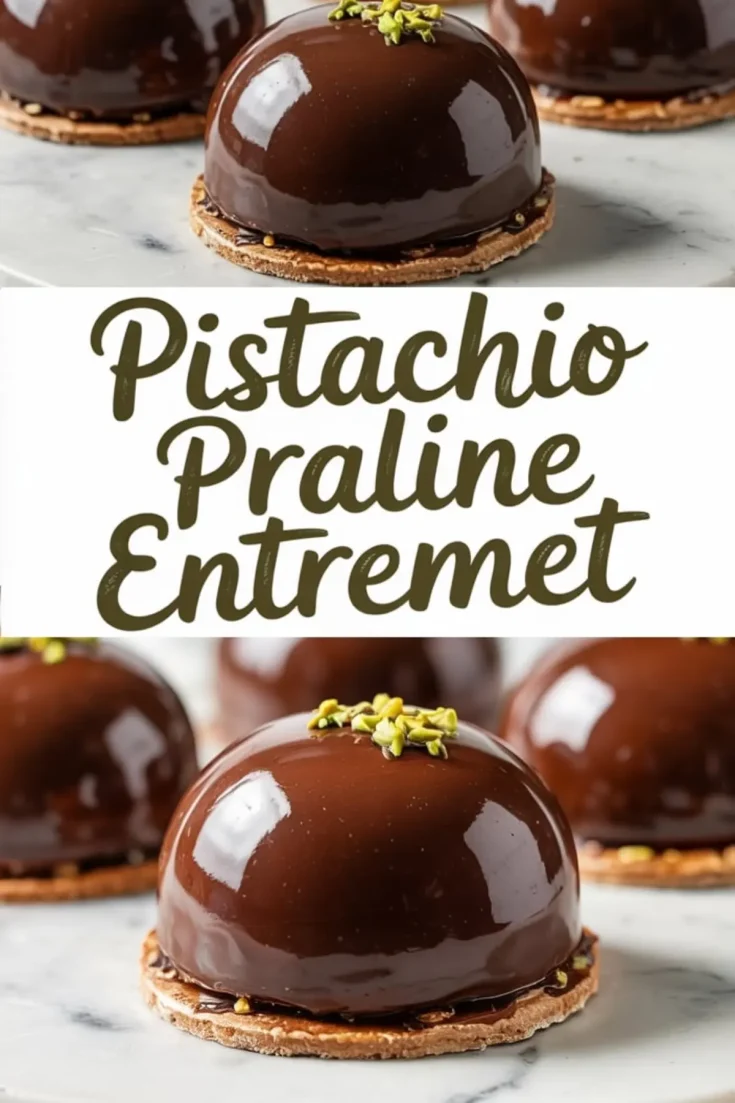 Glossy chocolate dome-shaped pistachio praline entremets topped with chopped pistachios, displayed on a marble surface with a crisp base layer.