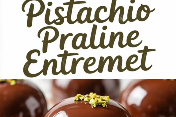 Glossy chocolate dome-shaped pistachio praline entremets topped with chopped pistachios, displayed on a marble surface with a crisp base layer.