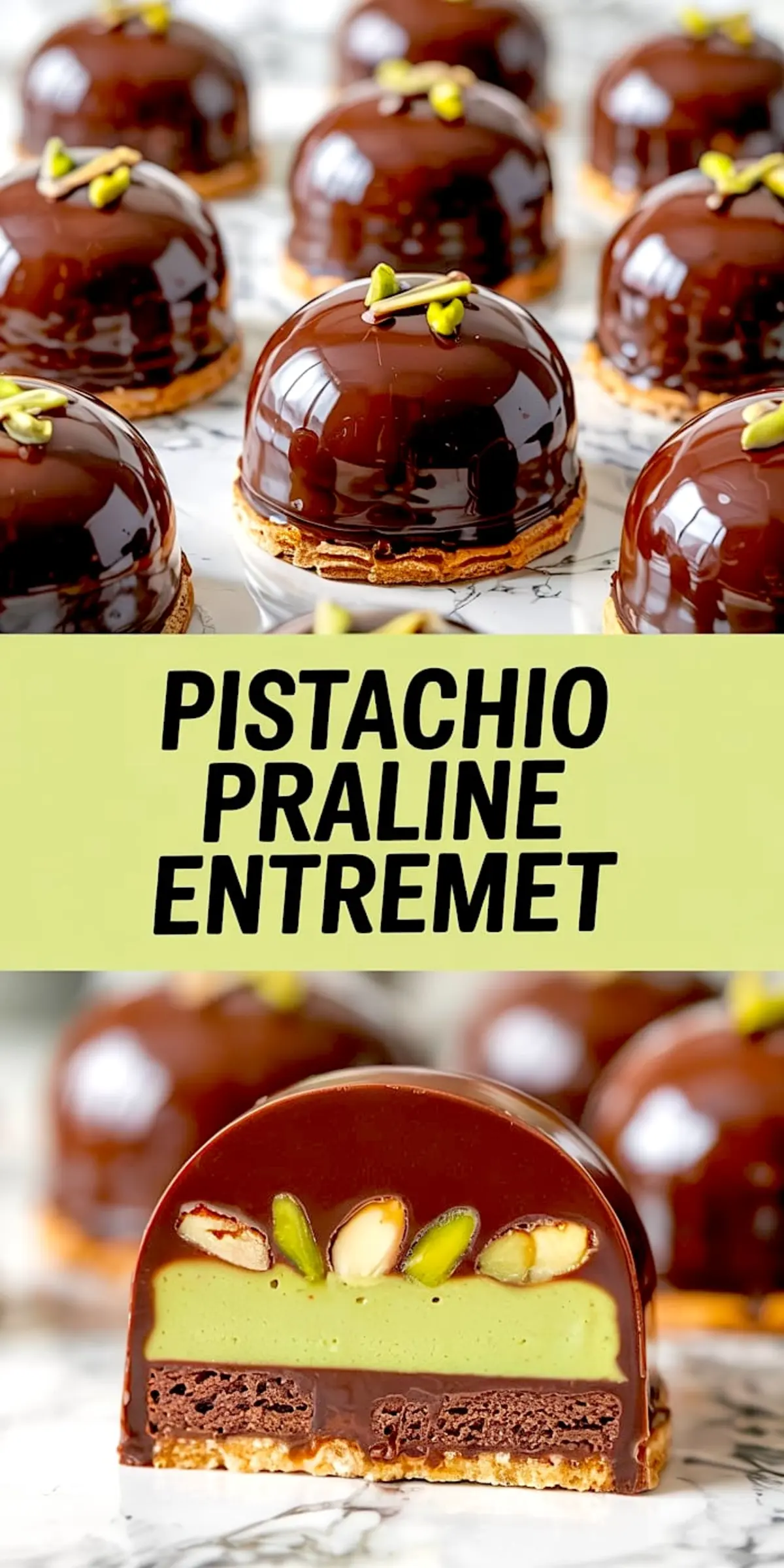 Collage showing a batch of shiny pistachio praline entremets with a glossy chocolate glaze, and a cross-section revealing layers of pistachio mousse, whole pistachios, and chocolate sponge.