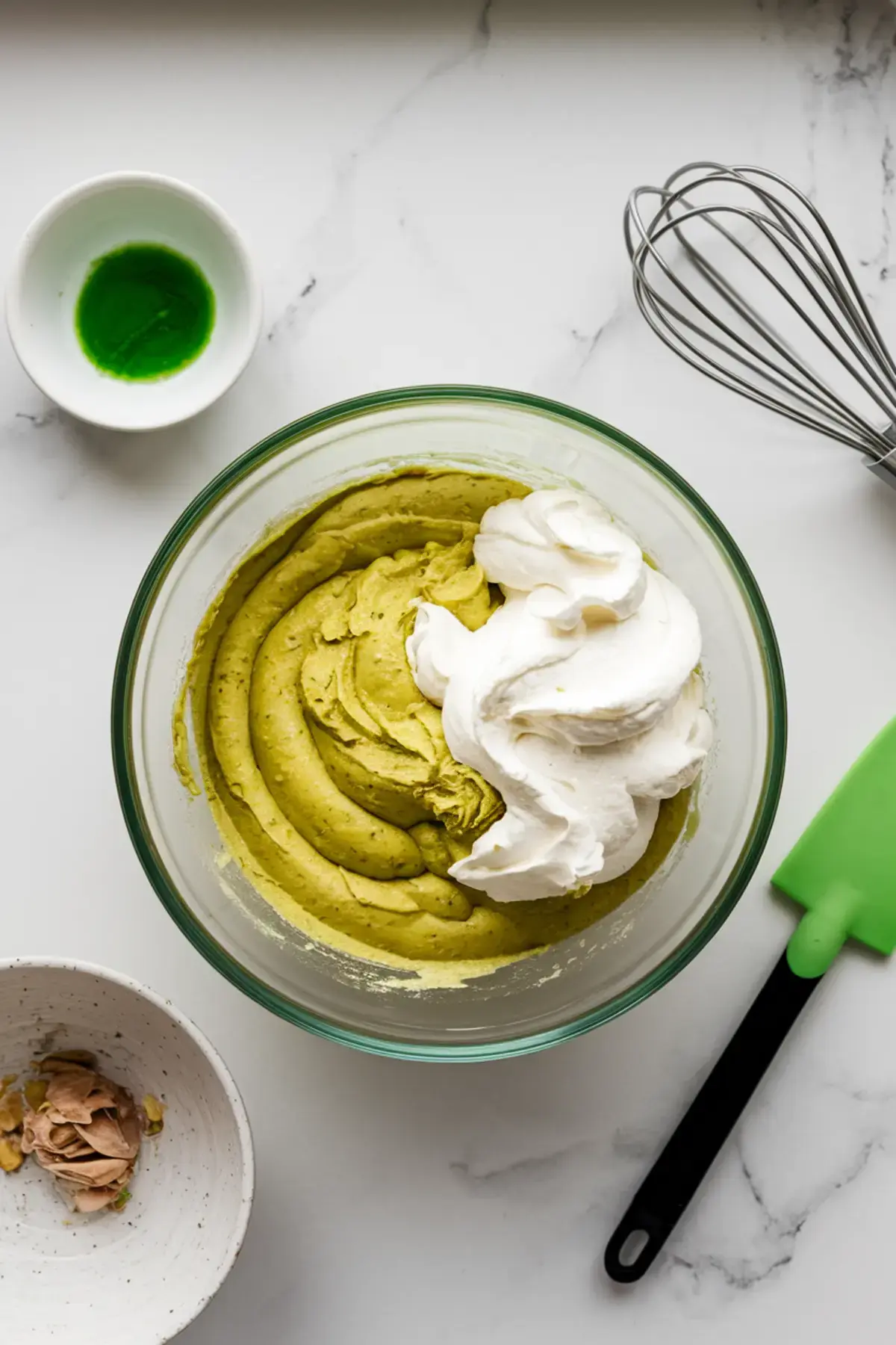 Mixing bowl with green pistachio cream being folded with whipped cream, surrounded by a green spatula, wire whisk, and small bowls of ingredients including bright green liquid and praline paste.