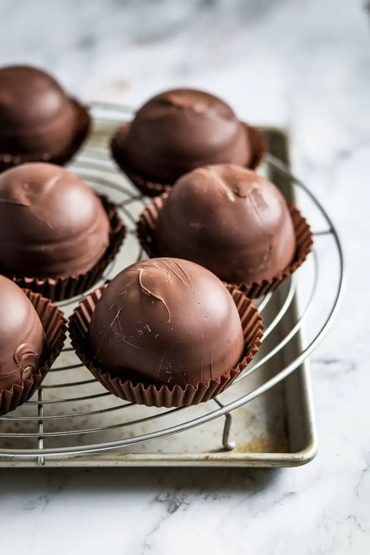 Chocolate-coated dome desserts resting in brown paper liners on a round cooling rack over a baking sheet, with a smooth, matte finish.