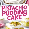 Pistachio pudding cake displayed in a white baking pan, covered with swirls of whipped cream and sprinkled with crushed pistachios. A plated slice shows moist pistachio cake layers, pistachio pudding filling, and creamy topping with pistachio cake decoration, making it a delicious pistachio pudding dessert for celebrations or as a pistachio birthday cake option.