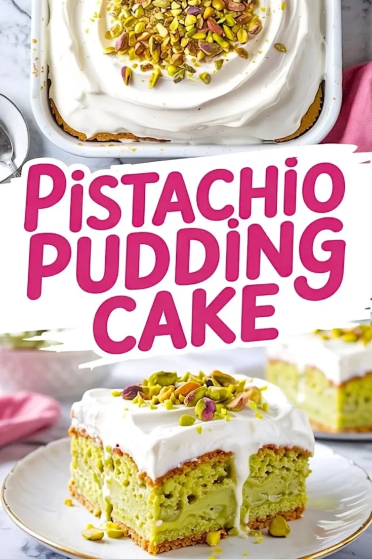 Pistachio pudding cake displayed in a white baking pan, covered with swirls of whipped cream and sprinkled with crushed pistachios. A plated slice shows moist pistachio cake layers, pistachio pudding filling, and creamy topping with pistachio cake decoration, making it a delicious pistachio pudding dessert for celebrations or as a pistachio birthday cake option.
