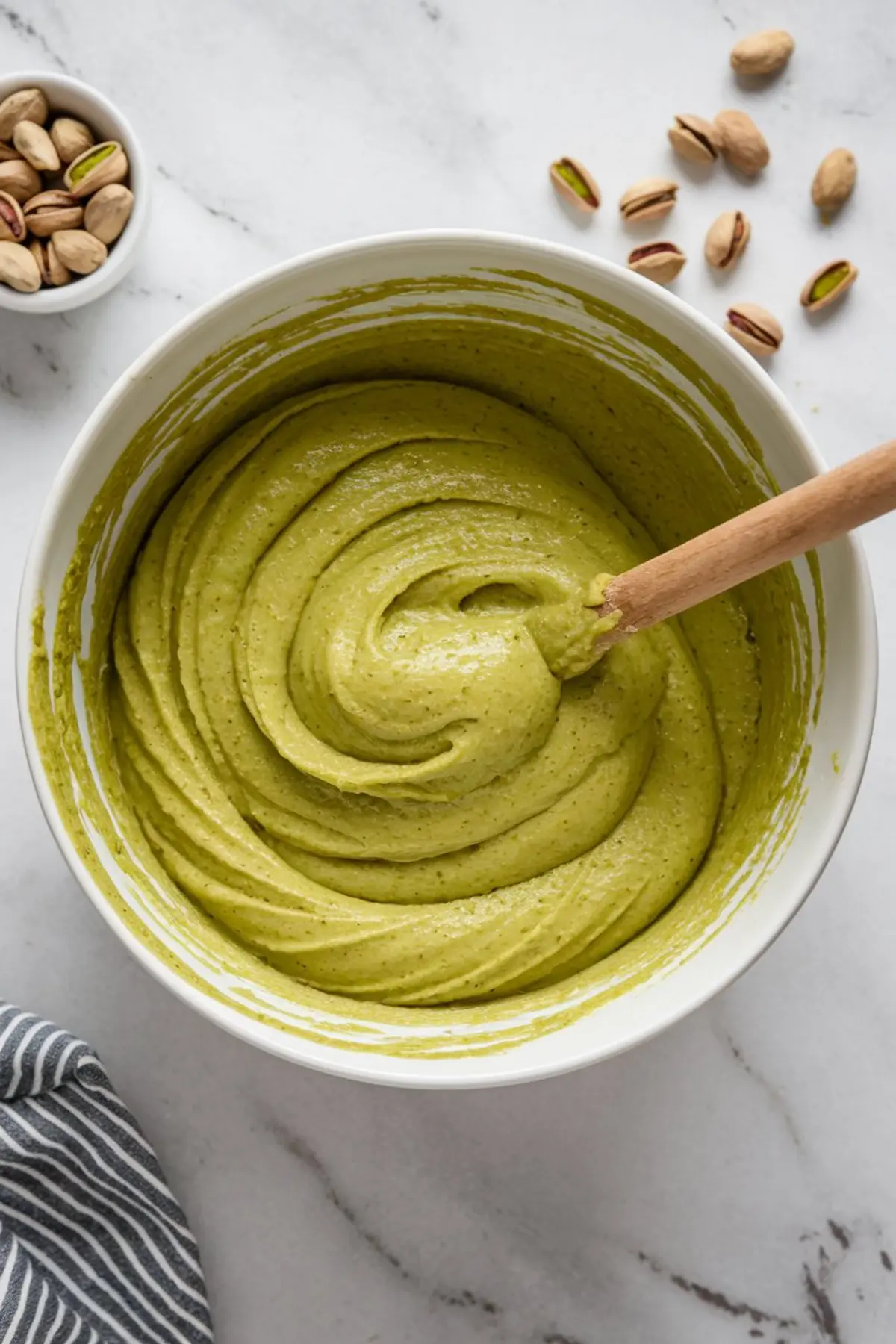 Thick, smooth pistachio pudding batter swirled in a white mixing bowl, ready for baking. The creamy green mixture highlights the preparation stage of a pistachio pudding dessert, ideal for pistachio pudding recipes and homemade pistachio cream dessert creations.