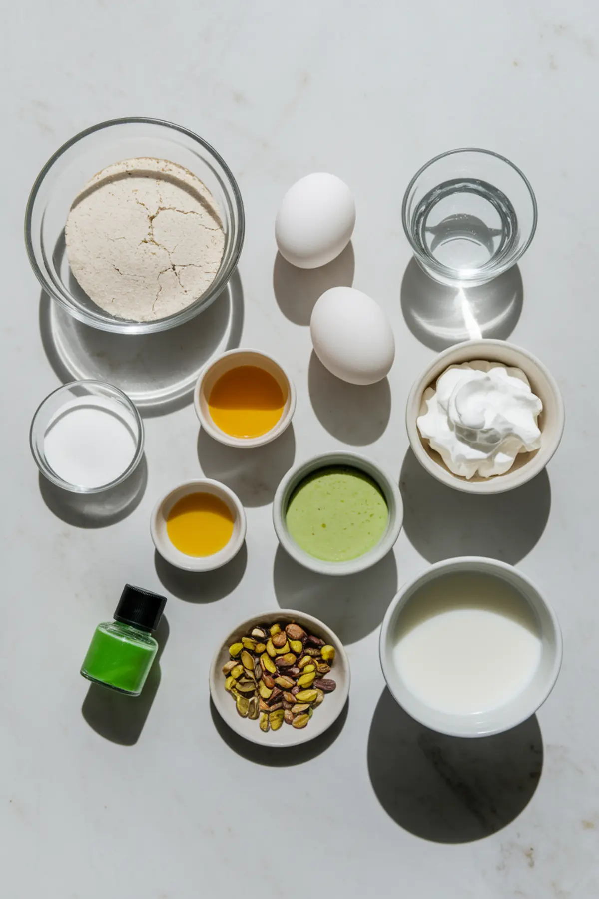 Flat lay of ingredients for pistachio pudding cake, including flour, eggs, sugar, oil, milk, green food coloring, whipped cream, pistachio pudding mixture, and chopped pistachios. These elements combine to create pistachio pudding recipes, perfect for pistachio pound cake, pistachio pudding pie, and other pistachio cream desserts.