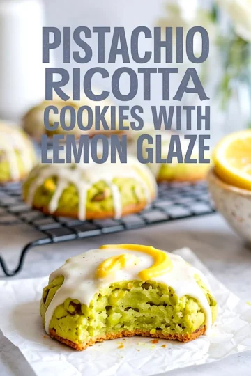 Half-eaten pistachio ricotta cookie showing a soft green center, topped with glossy lemon glaze, with more cookies blurred in the background on a cooling rack.