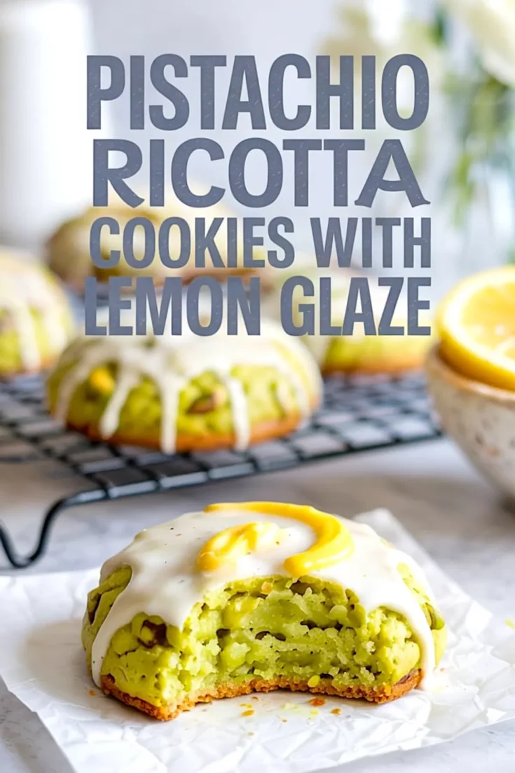 Half-eaten pistachio ricotta cookie showing a soft green center, topped with glossy lemon glaze, with more cookies blurred in the background on a cooling rack.